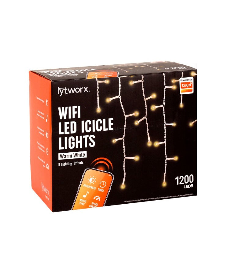 Lytworx 1200 LED Wi-Fi Icicle Lights/8 Function/16.7m Lit Length Warm White - TheITmart
