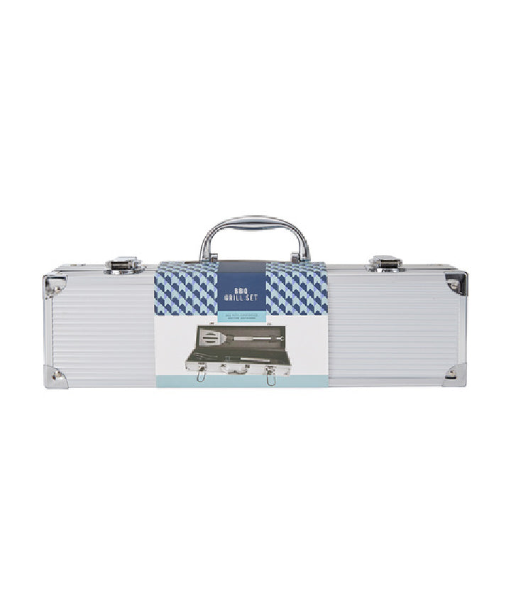 BBQ Grill Set Steel Spatula Pair of Tongs With Aluminium Storage Case - TheITmart