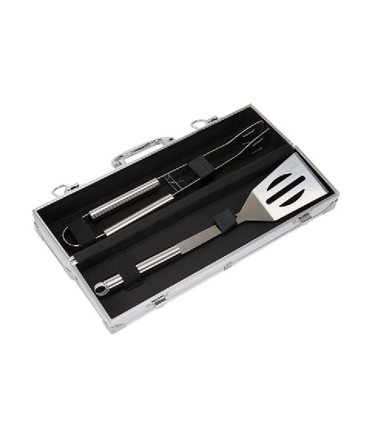 BBQ Grill Set Steel Spatula Pair of Tongs With Aluminium Storage Case