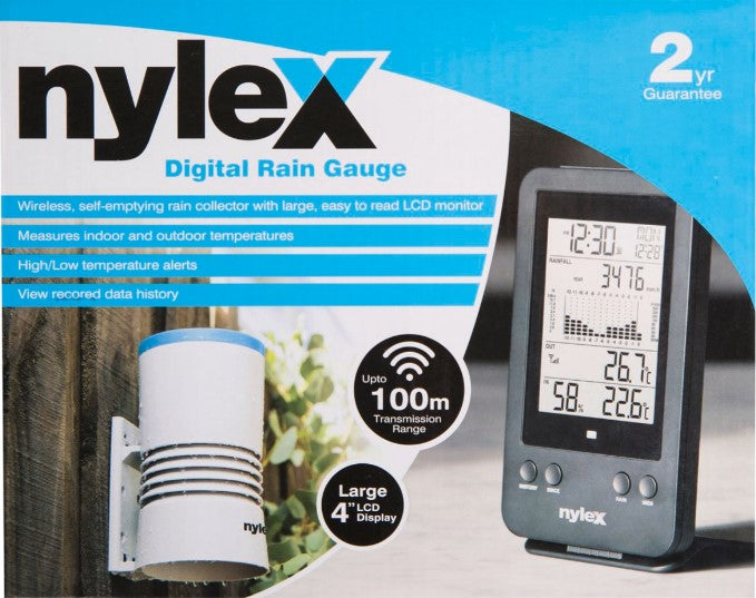 Nylex Digital Rain Gauge/Wireless Rain Collector Sensor/Weather & Temp