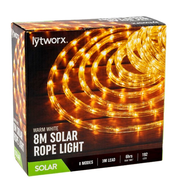 Lytworx 8 Modes 192 Bright Warm White LED Solar Rope Light/3M Lead/6h Run time