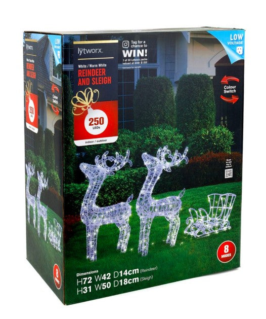 Lytworx 250 LED Low Voltage White Switch Reindeer and Sleigh Statue