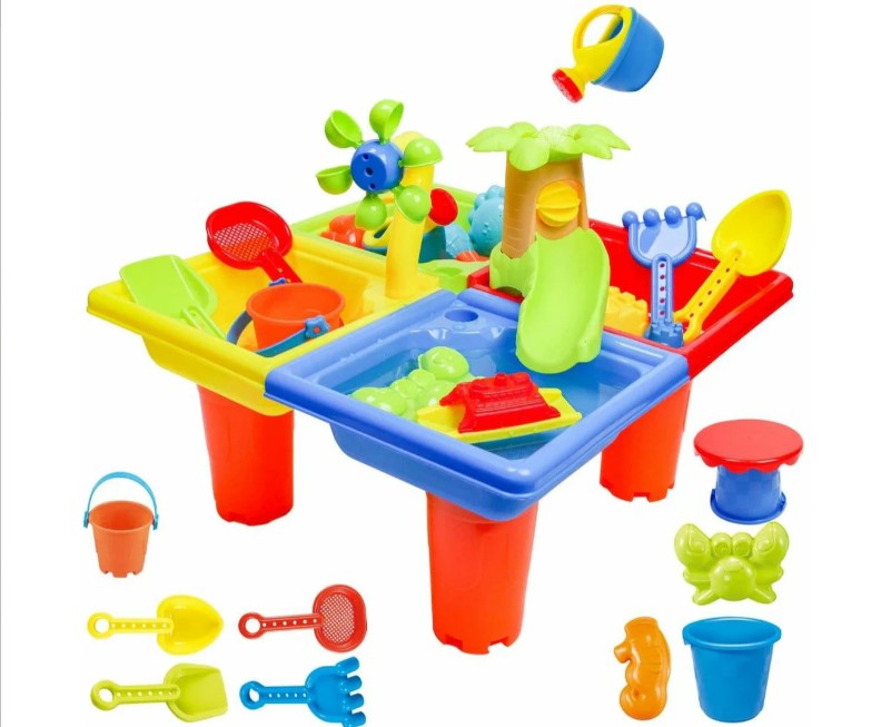 Sand Water Table Kids Beach Summer Sandbox Table Outdoor Activity Water Wheel Molds Kids Toy Christmas Birthday Gift - TheITmart