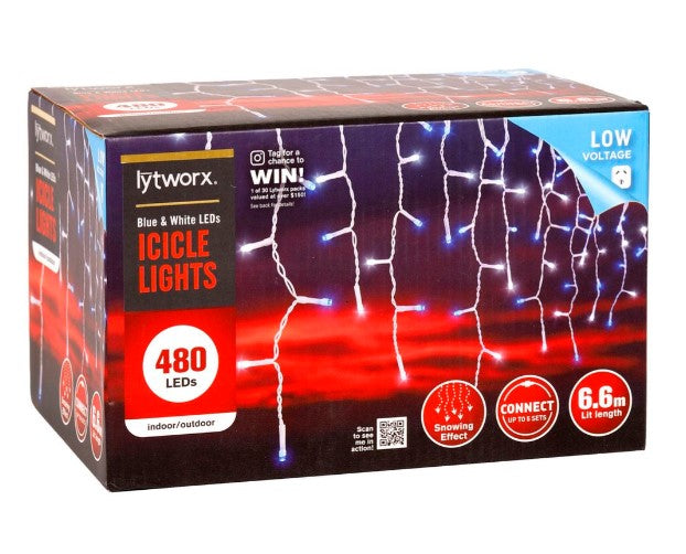 Lytworx 6.6m Snowing Effect 480 LED Blue & White Icicle Lights