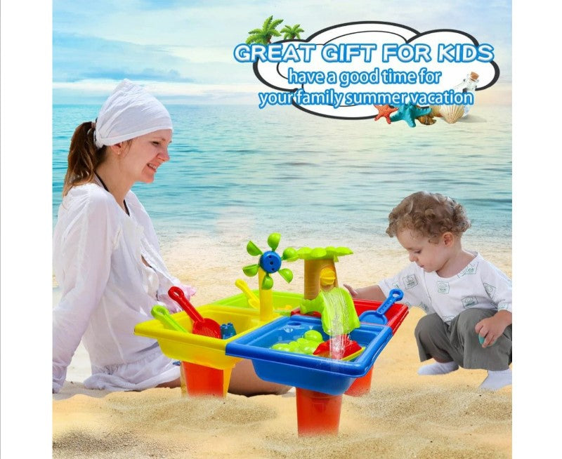 Sand Water Table Kids Beach Summer Sandbox Table Outdoor Activity Water Wheel Molds Kids Toy Christmas Birthday Gift - TheITmart