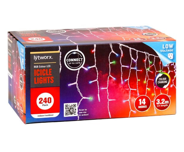 Lytworx Xmas Festive 3.2m RGB 240 LED Icicle Lights/14 Modes/Low Voltage