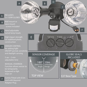 Arlec Twin Par38 Castalia DIY Compact Security Flood Light/10m Detection