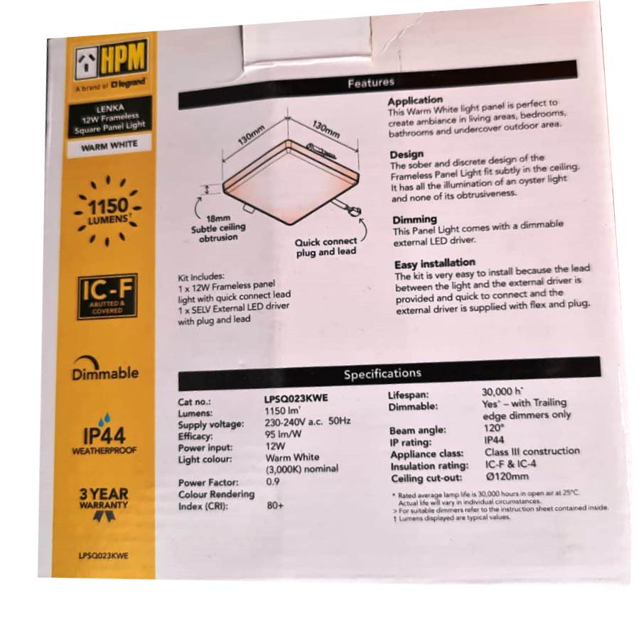 HPM Lenka 1150lm 12W Dimmable Frameless Square Panel LED Light-Warm White