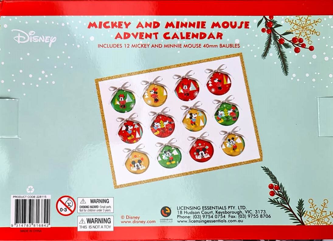 Disney Mickey & Minnie Mouse 12 Bauble Advent Calendar