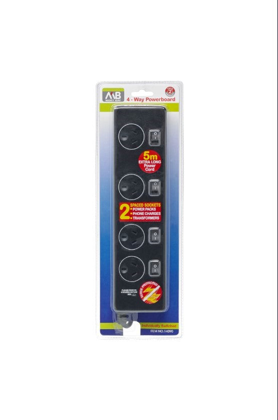 Mort Bay Black 4 Way Powerboard with 5M Cord with Circuit Breaker
