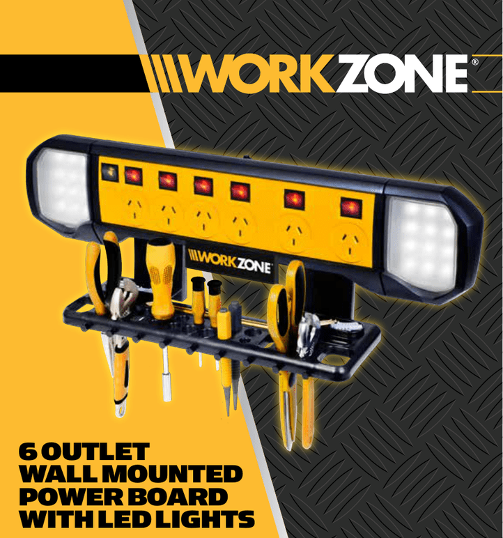 Work Zone 6 Outlet Wall Mounted Power Board with LED Lights TheITmart