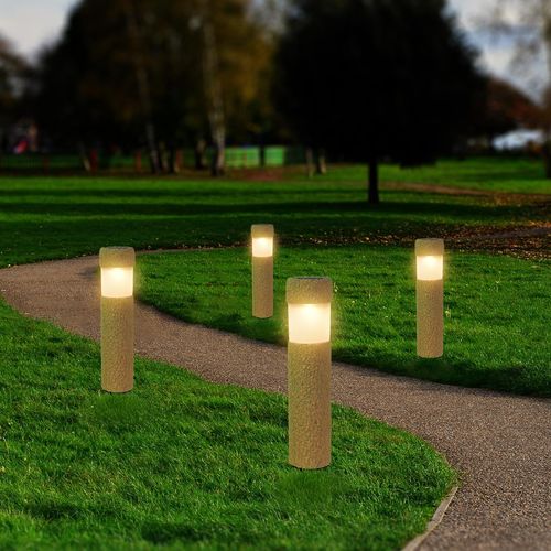 Click 27.5cm Stone Finish Solar Warm White LED Bollard Light - 4 Pack / Dusk to Dawn