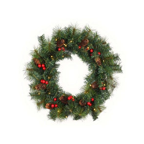 Click 60cm Battery Operated Pre-Lit Pine And Berries Holiday Wreath