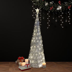 Click 180cm Low Voltage Collapsible Light Up Silver Tinsel Tree