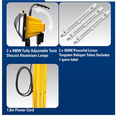 Arlec 1000W 3Globes Indoor/Outdoor Halogen Worklight With Tripod/Waterproof - TheITmart