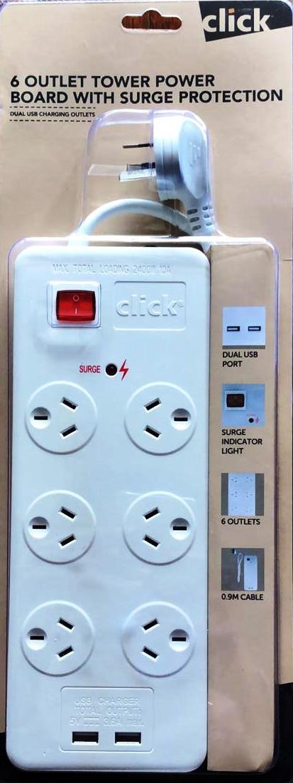 Click 6 Outlet Tower Power Board With Surge Protection/Dual USB Charging Outlets