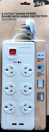 Click 6 Outlet Tower Power Board With Surge Protection/Dual USB Charging Outlets