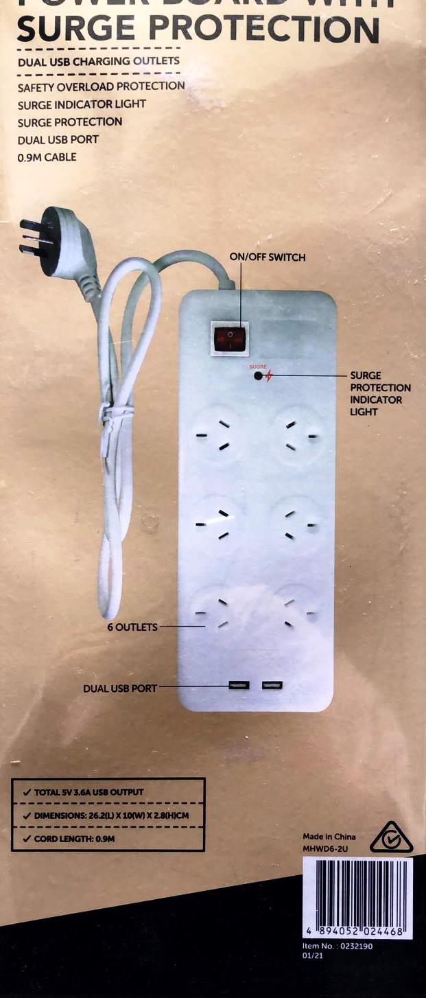Click 6 Outlet Tower Power Board With Surge Protection/Dual USB Charging Outlets