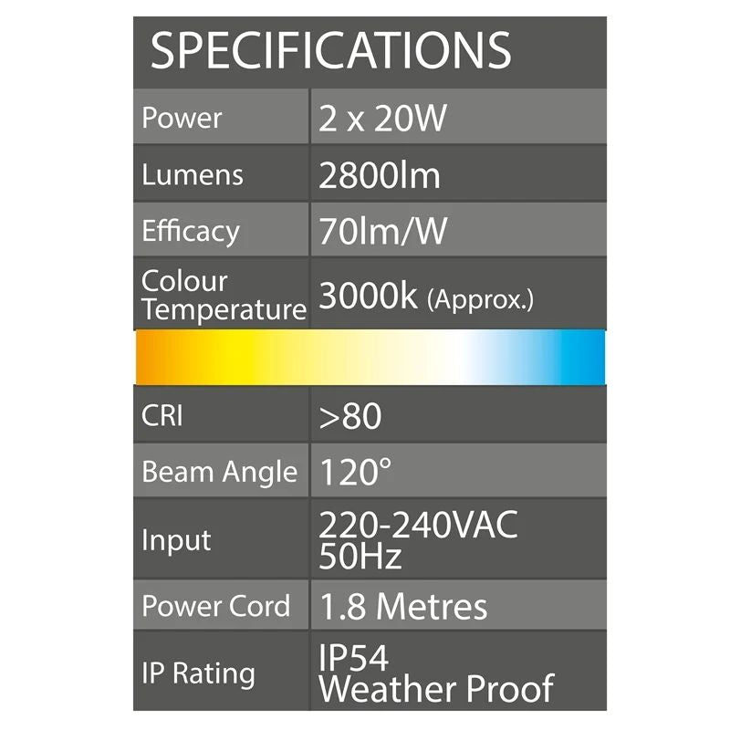 Arlec 2 x 20W 2800lm Warm White LED Work Light With Tripod