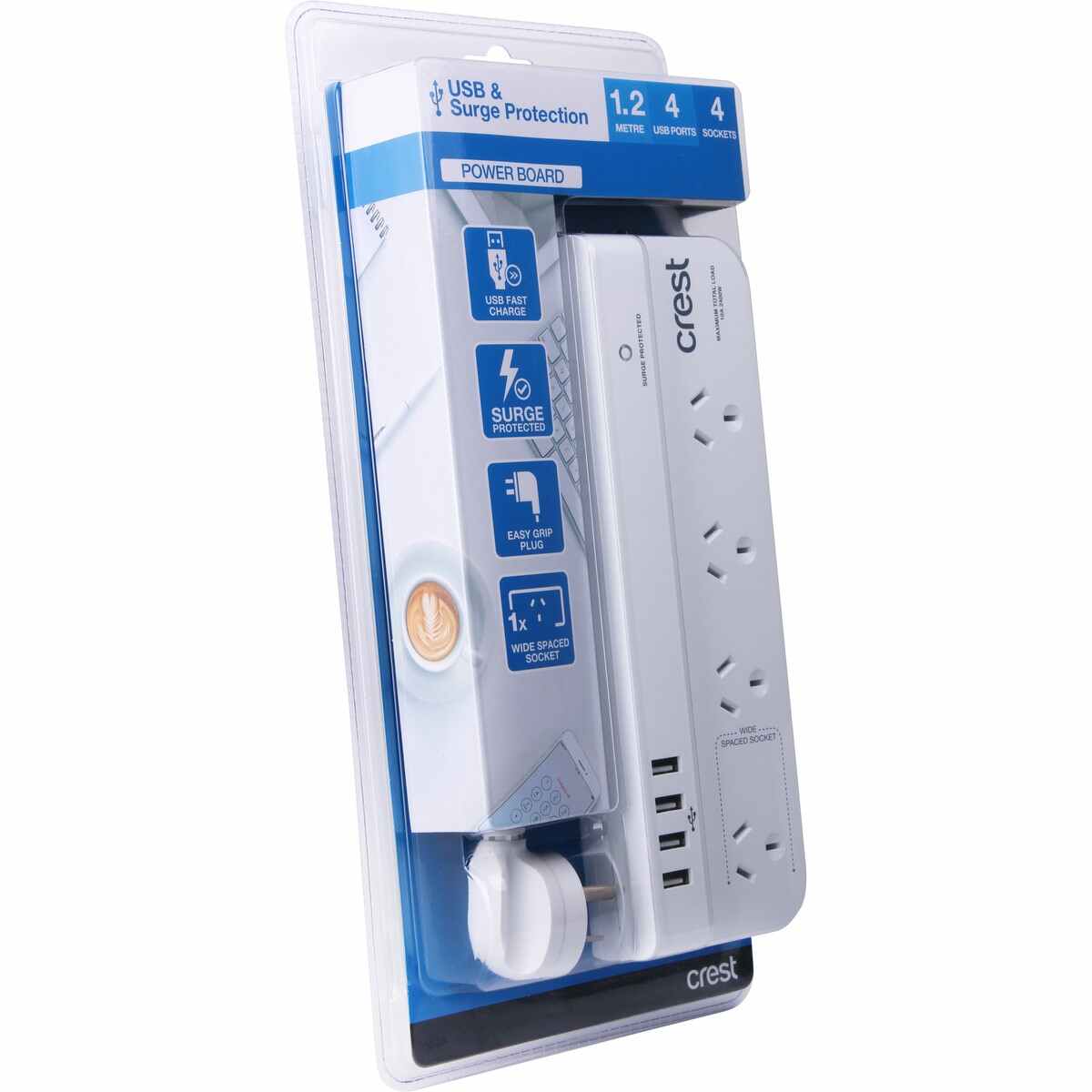 Crest Desktop 4 Socket 4 USB Surge Protected Powerboard