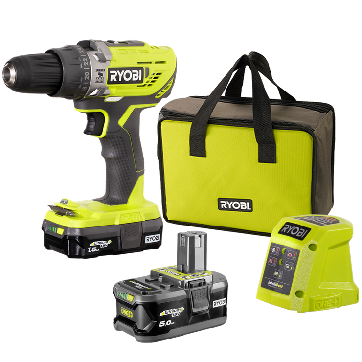 Ryobi Green 18V ONE+ 1.5Ah/5.0Ah Cordless Hammer Drill Kit