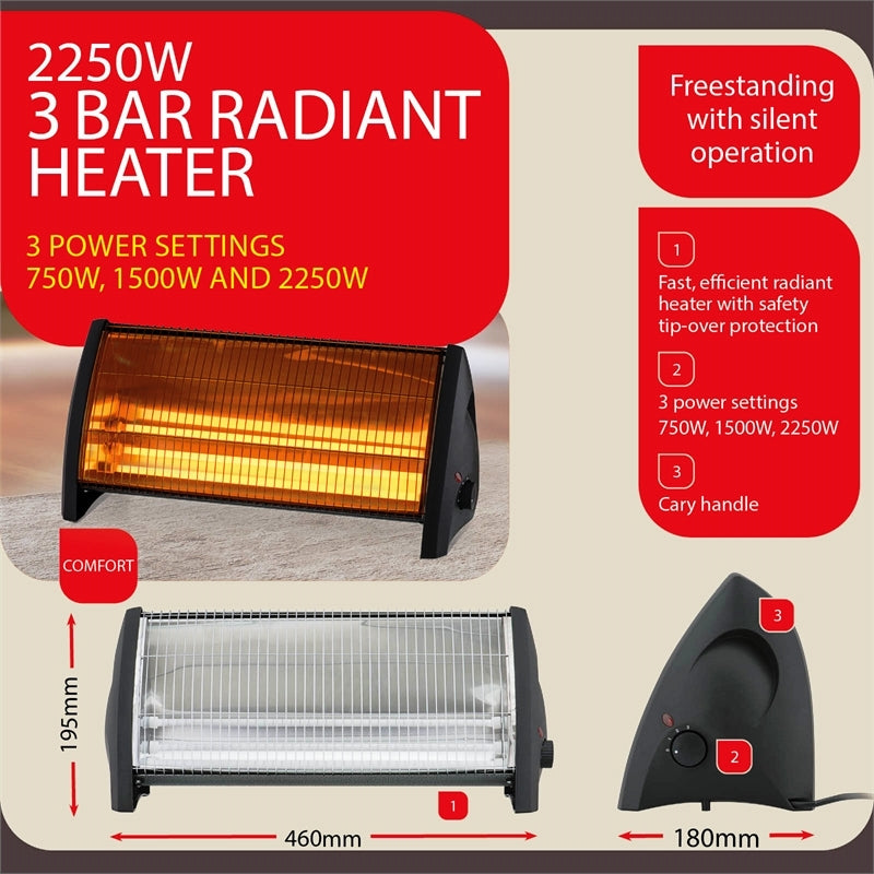 Arlec 2250W Arlec Radiant Heater/3 Power Settings/3 Tubular Quartz Halogen - TheITmart