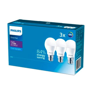 Philips 9W A60 Cool Daylight A Shape Essentials LED B22 Globe - 3 Pack
