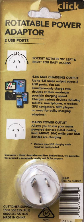 Click Rotatable Power Adaptor 2 USB Ports