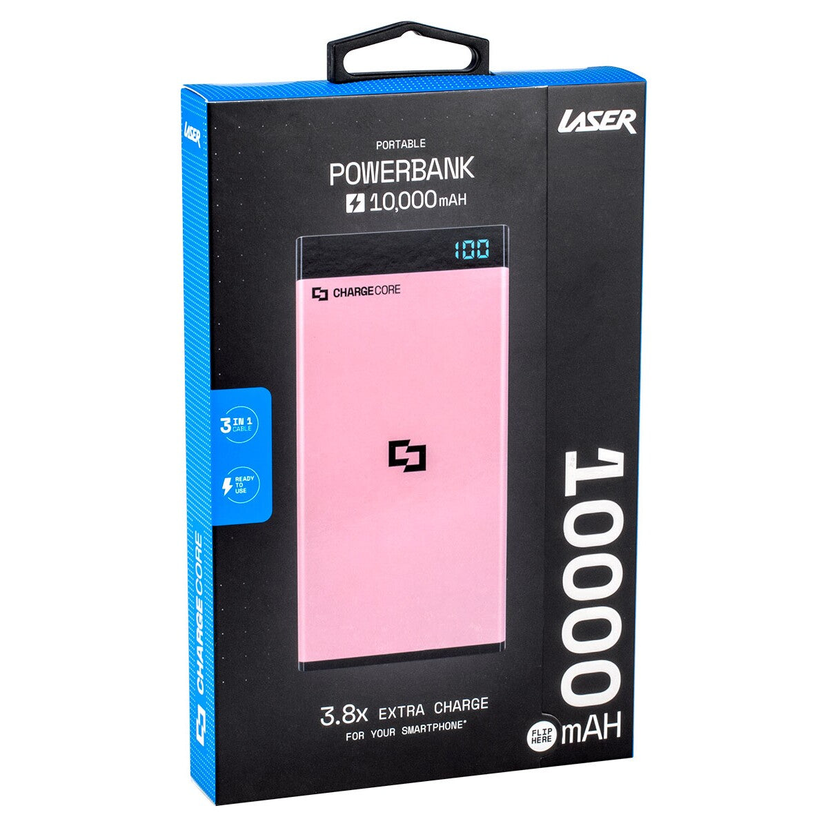 Laser 10000mAh Power Bank with 3-in-1 Cable - Black- Pink - White - TheITmart