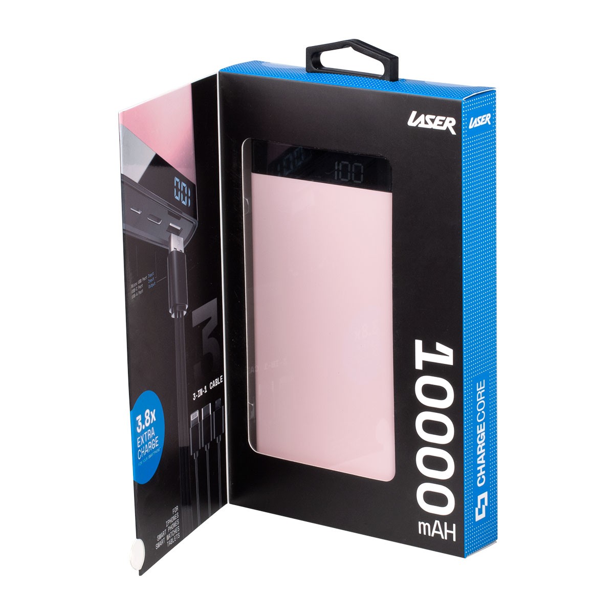 Laser 10000mAh Power Bank with 3-in-1 Cable - Black- Pink - White - TheITmart