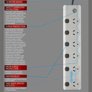 Arlec 6 Outlet Surge Protected Wide Spaced Powerboard/Individually switched