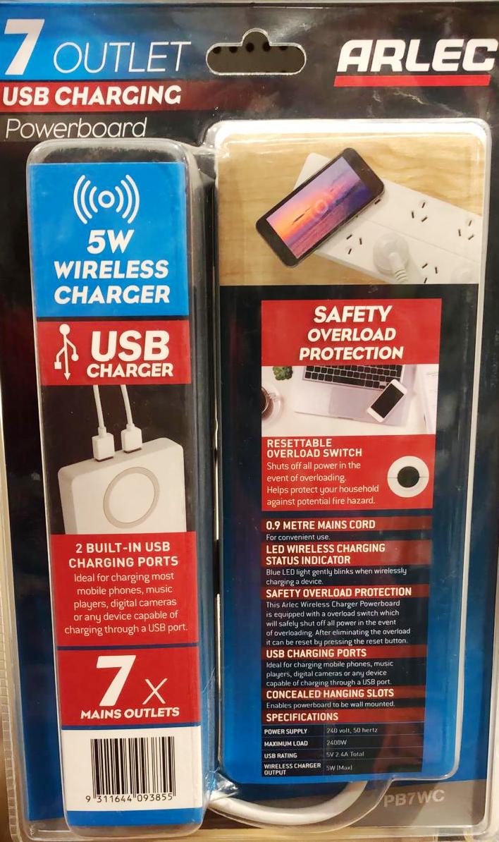 Arlec 7 Outlet USB Charging Powerboard  & 5W Wireless Charger - TheITmart