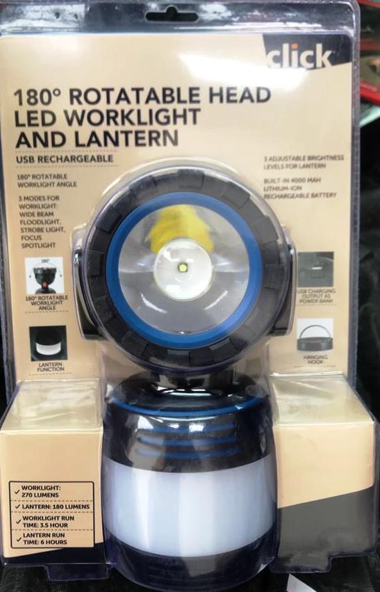 Click 180 Degree Rotatable Head LED Work light and Lantern USB Rechargeable