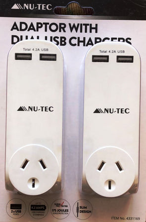 Nu-Tec Adaptor with Dual USB Chargers CY2036 - White