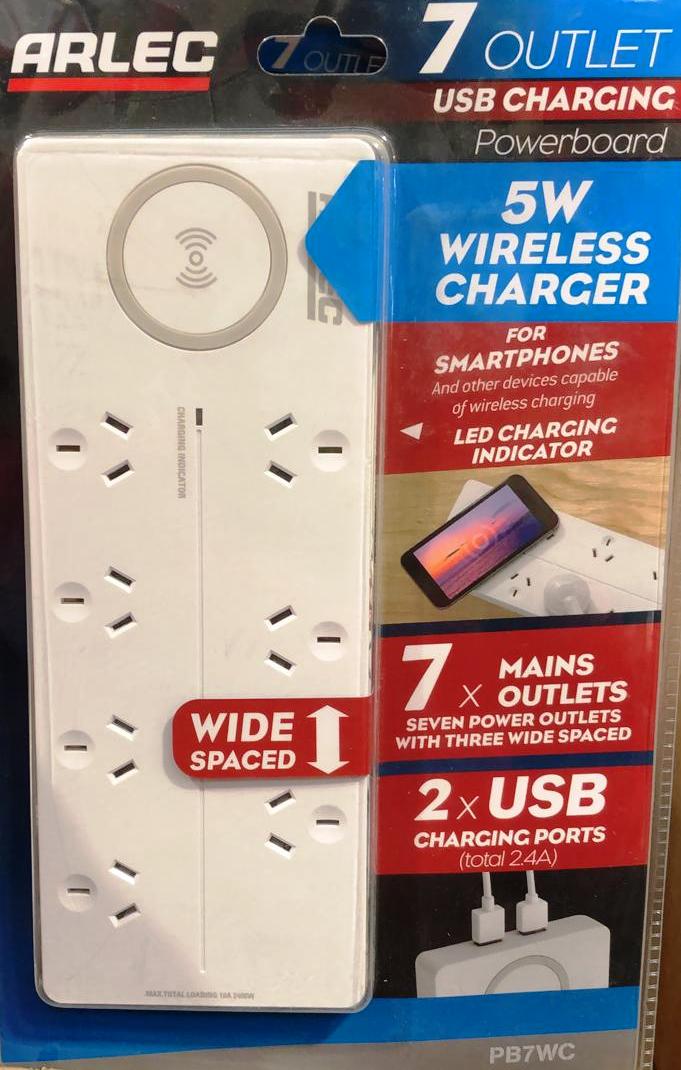 Arlec 7 Outlet USB Charging Powerboard  & 5W Wireless Charger - TheITmart
