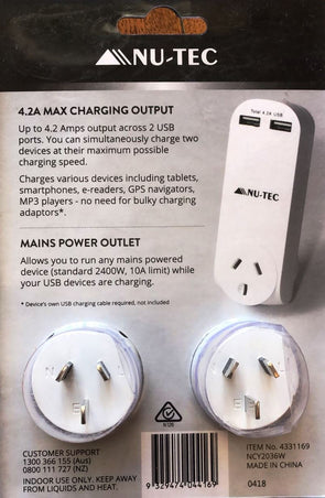 Nu-Tec Adaptor with Dual USB Chargers CY2036 - White