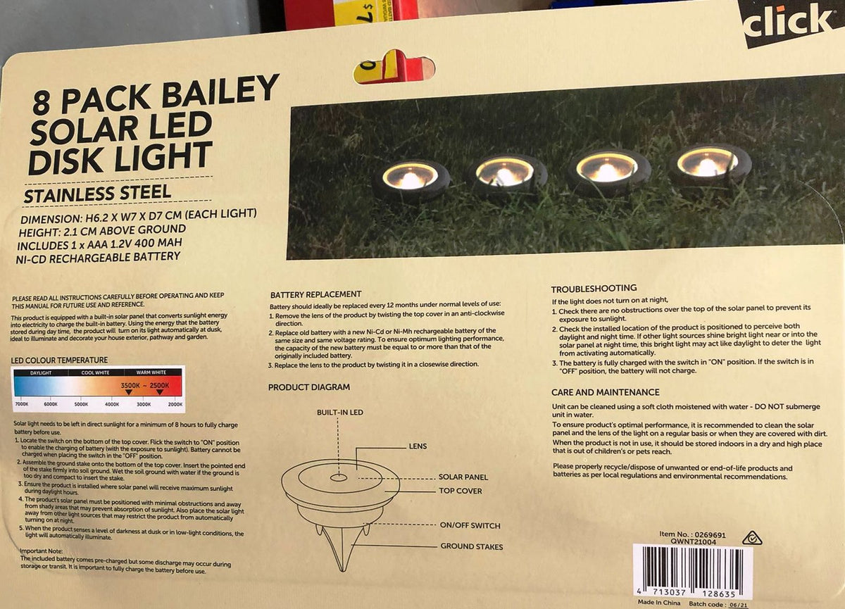 Click 8 Pack Bailey Solar LED Disk Light