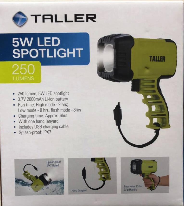 Taller TL1196 LED 250 Lumen Spotlight with 3.7v 2000mAh Battery/Splash Proof
