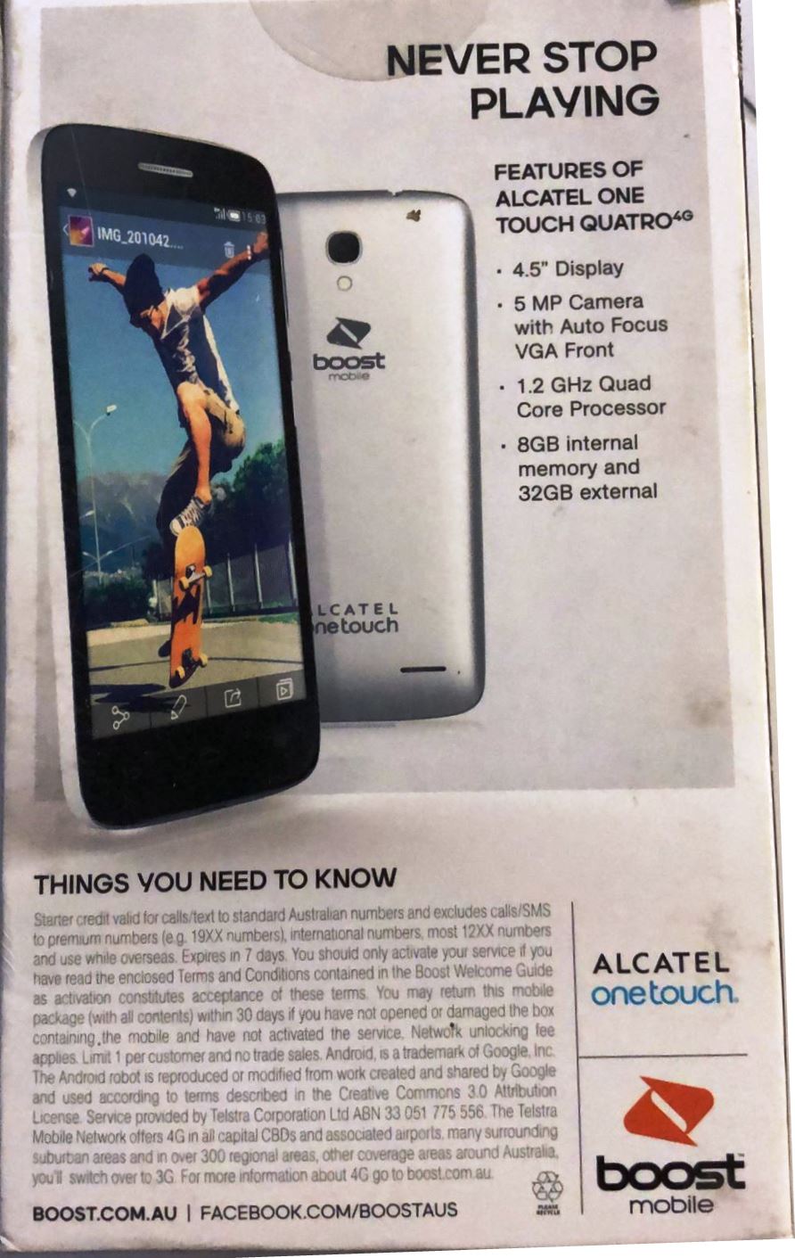 Alcatel Onetouch Quatro 4.5" Display 4G Smart Phone Mobile Locked to Boost & Telstra - Black