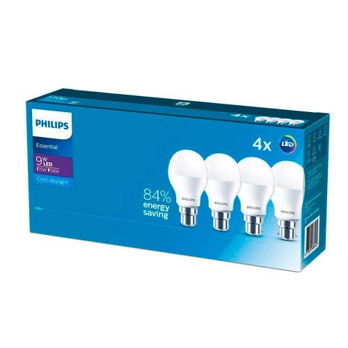 Philips 9W Cool Daylight A Shape Essentials LED B22 Globe - 4 Pack - TheITmart