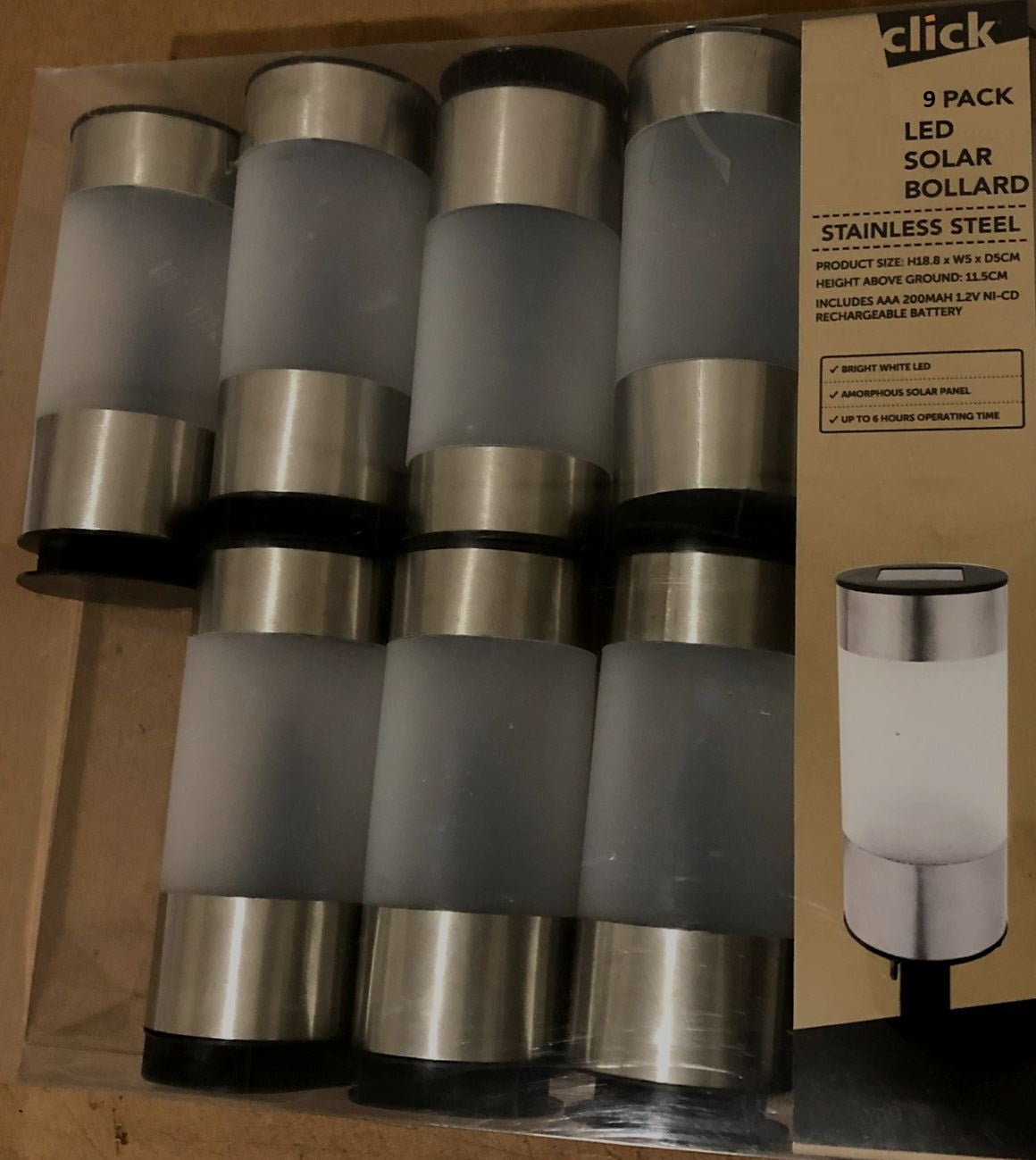 Click 9 Pack LED Solar Bollard Stainless Steel - TheITmart