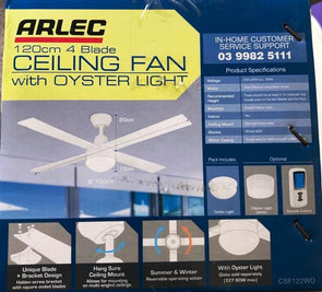 Arlec CSF122WO 120cm White 4 Blade Ceiling Fan with Oyster Light