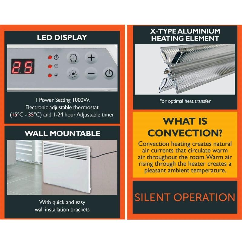 Arlec 1000W Convection Panel Heater With Digital Control - White