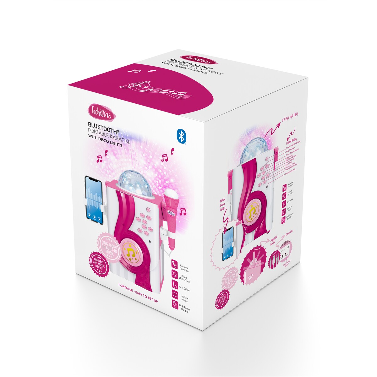 Techxtras Bluetooth Portable Karaoke with Disco Lights - Pink