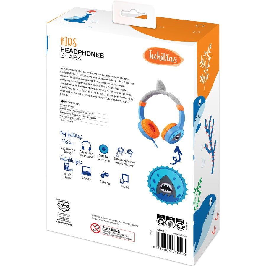 Techxtras Light Kids Volume Limited Headphones - Shark / Suitable for Ages 3+ Years