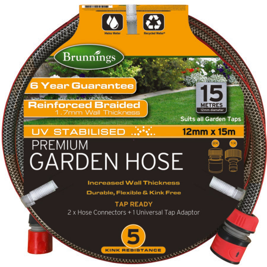 Brunnings Premium Garden Hose 15m / UV stabilised, Durable, Flexible & Kink-Free