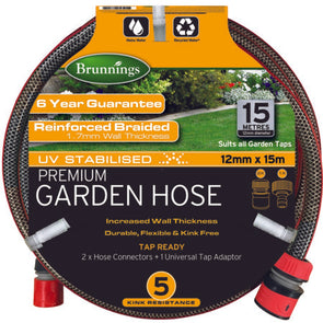 Brunnings Premium Garden Hose 15m / UV stabilised, Durable, Flexible & Kink-Free