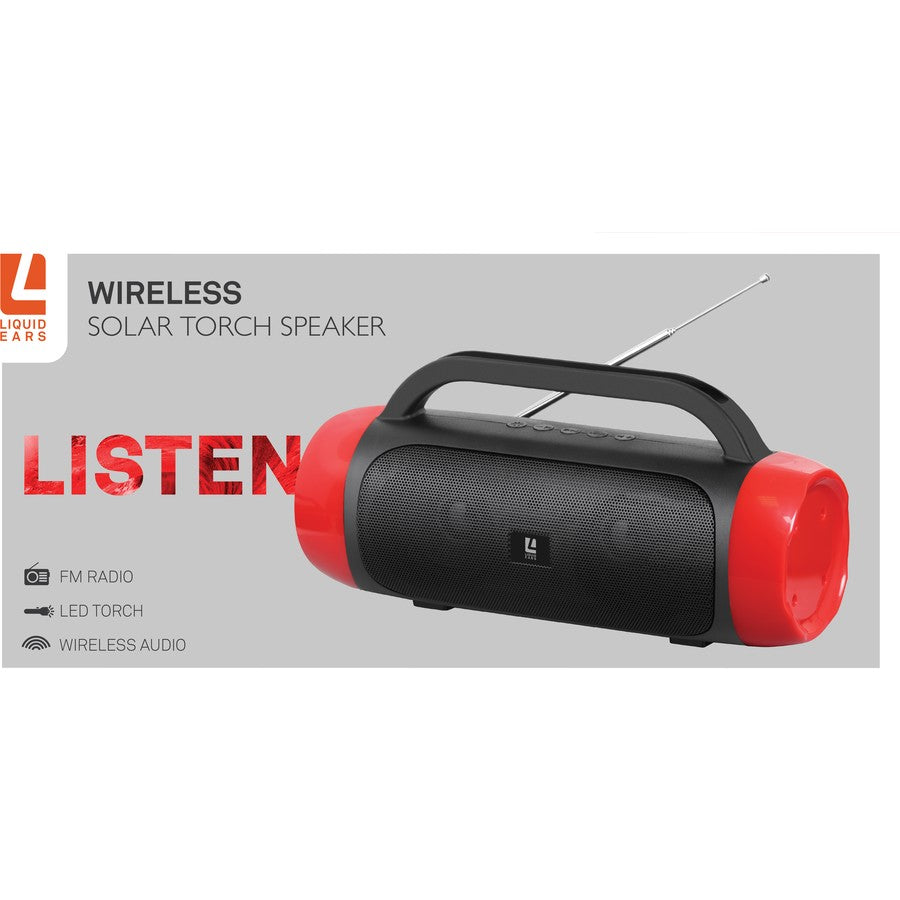 Liquid Ears Wireless Solar Torch Speaker - Red/ FM Radio/ Solar Charging/ LED Light