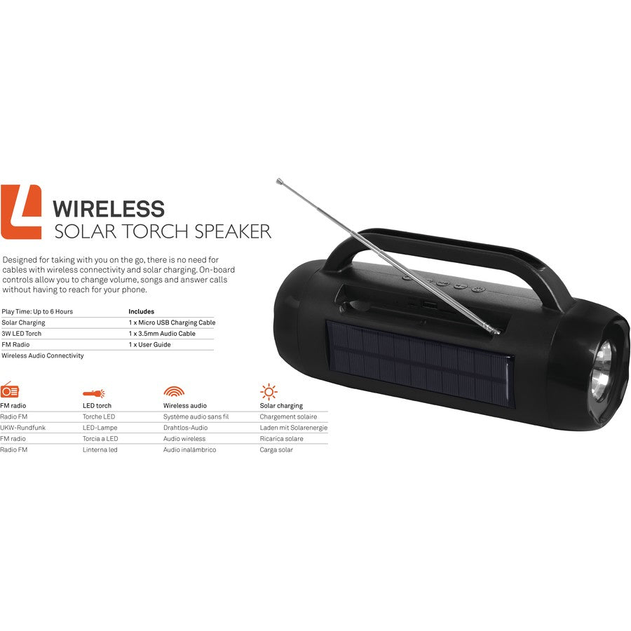 Liquid Ears Wireless Solar Torch Speaker - Black/ FM Radio/ Solar Charging/ LED Light - TheITmart