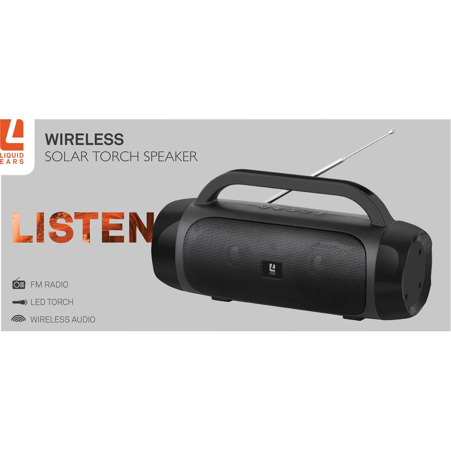 Liquid Ears Wireless Solar Torch Speaker - Black/ FM Radio/ Solar Charging/ LED Light - TheITmart